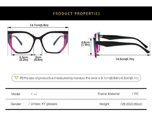 Detailed size chart for cat-eye TR90 blue light glasses with precise measurements in CM