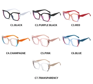 Cat eye TR90 glasses frame showing seven vibrant colors including black pink and blue