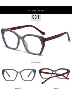 Detailed view of grey cat-eye frames with blue lining and dark red temples