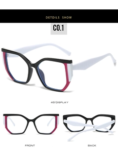 Detail view of TR90 cat-eye glasses showing 45-degree angle, front and back layout