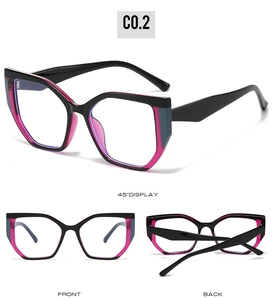 Cat eye TR90 glasses frame showing 45-degree, front and back views in black and pink