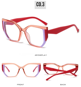 Detailed multi-angle view of cat-eye TR90 frames with vibrant red and purple color blocking