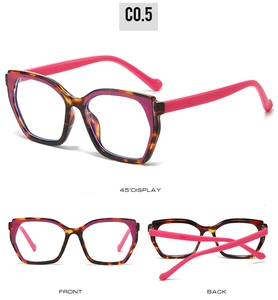 Detail view of tortoiseshell and pink square TR90 glasses from front and back angles