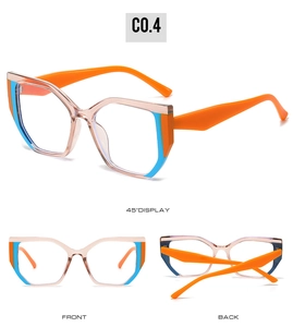 Three-way view of cat-eye TR90 frames with vibrant orange and blue color-blocking accents