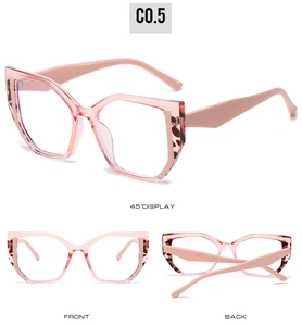 Three views of pink cat-eye TR90 frames with leopard print details and clear lenses