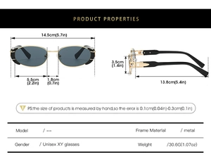 Detailed size chart showing oval metal sunglasses dimensions with 14.5cm total width