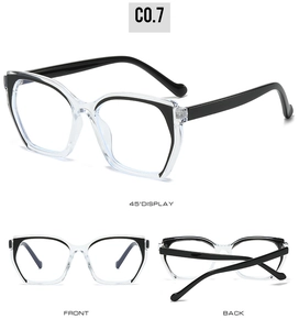 Three views showing 45-degree, front, and back of black and clear TR90 eyewear frames
