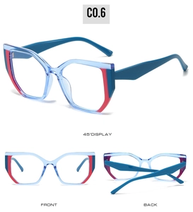 Detailed views of cat-eye TR90 glasses frame in translucent blue with red accents