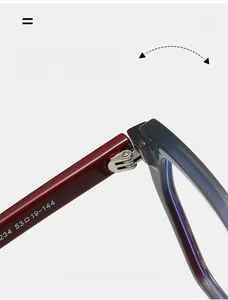 Detail view of the metal hinge and two-tone gradient frame of the blue light glasses