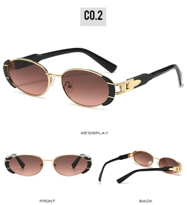 Three-angle display of oval retro metal sunglasses with gradient lenses and gold frame
