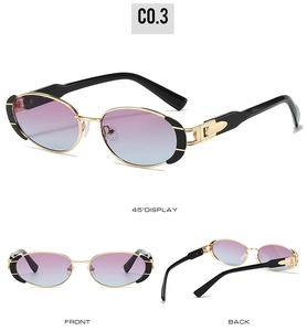 Detail view of oval metal sunglasses featuring gradient lenses and vintage gold frame