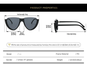 Detailed size specifications and dimensions for PC cat-eye rimless sunglasses