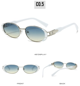 Retro metal oval sunglasses with blue to yellow gradient lenses and silver frame detail