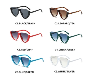 Detailed catalog of six semi-rimless cat-eye sunglasses in various color combinations