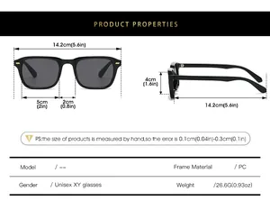Größentabelle für Unisex-Sonnenbrillen mit Abmessungen des PC-Rahmens und Bügels