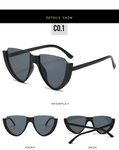 Three-angle view of black cat-eye sunglasses featuring V-shaped semi-rimless frames