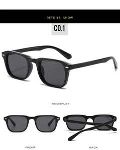 Detailansichten der quadratischen schwarzen Sonnenbrille mit goldenen Metallakzenten