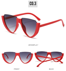 Three-angle views showing bright red cat-eye sunglasses with gradient purple lenses