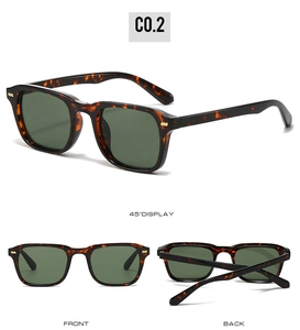 Drei Ansichten einer quadratischen Sonnenbrille in Schildpatt mit dunkelgrünen Gläsern