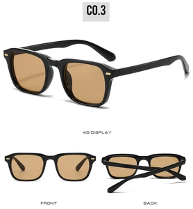 Drei Ansichten einer Retro-Quadrat-Sonnenbrille mit dunklen Gläsern und Goldnieten-Details