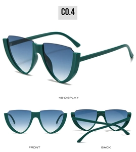 Detailed views of semi-rimless V-shaped cat eye sunglasses with green frames and blue lenses