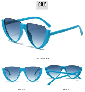 Detail view showing front, back, and 45-degree angles of electric blue cat-eye sunglasses