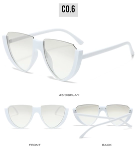 Three perspectives of white V-shaped cat eye sunglasses with grey lenses in detail
