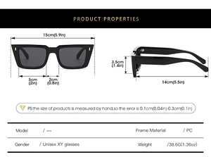 Detailed dimension guide for unisex square sunglasses showing PC frame sizes and weight