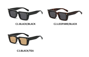 Three rectangular cat-eye sunglasses in black, leopard print, and tea lenses with gold dots