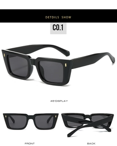 Multiple views of vintage square sunglasses with black frames and gold metallic temple details