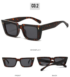 Detailed multi-angle views of square tortoiseshell sunglasses with dark gray lenses