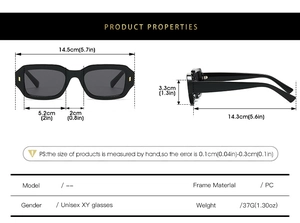 Detailed size chart for retro rectangular sunglasses with measurements in cm and inches