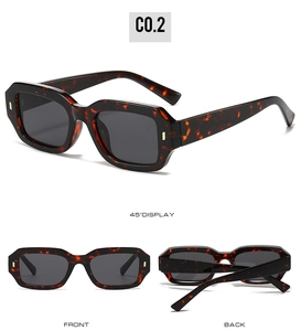 Detailed views of tortoise shell square sunglasses with golden rivets from multiple angles