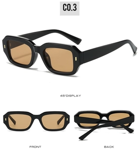 Detail view showing front, back, and 45-degree angle of black square sunglasses with rivets