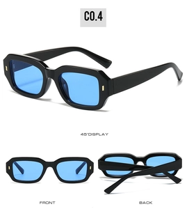 Three-angle display of rectangular black frame sunglasses with vibrant blue lenses