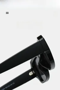 Detailed view of square sunglasses hinge with silver metal structure and model specs