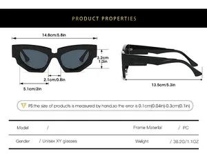 Size chart for cat eye sunglasses detailing frame width lens height and PC material specs