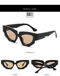 Detailed views of geometric cat eye sunglasses with thick black frames and tinted lenses