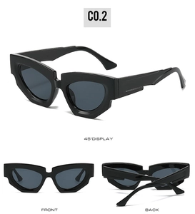 Multi-angle view of black geometric cat-eye sunglasses with thick frames and UV lenses