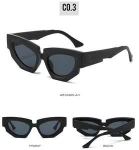 Detail view of black chunky cat-eye sunglasses with irregular geometric frames and grey lenses