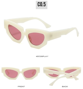 Detailed views of geometric cat eye sunglasses in cream with purple tinted lenses
