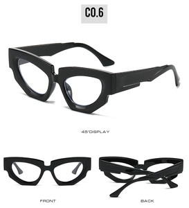 Three-way view of trendy black thick-frame cat-eye sunglasses with geometric angular design