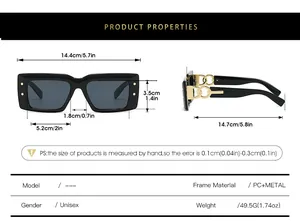 Detailed size chart for retro square sunglasses with PC and metal frame dimensions