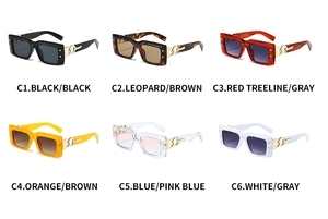 Detail view of square sunglasses in six colors featuring distinctive gold chain temples