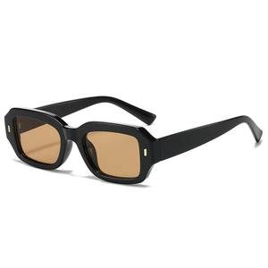 Retro rectangle sunglasses with black thick frames, amber lenses and gold rivet accents