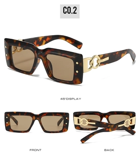 Macro detail of retro tortoise shell rectangle sunglasses with gold metal chain link