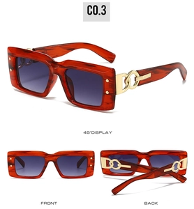 Detail view of tortoiseshell sunglasses with gold chain accents and purple gradient lenses
