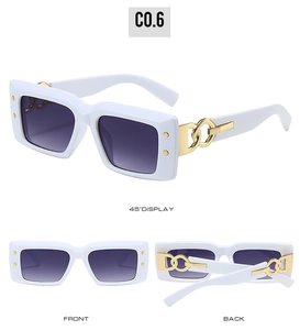 Three perspectives of white vintage rectangle sunglasses with gold chain temple detail