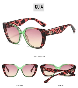 Détails de lunettes œil de chat léopard rose avec verres dégradés et logo LH doré