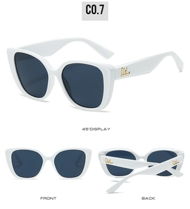 Mise en page trois vues de lunettes œil de chat blanches avec verres UV bleus et logo doré